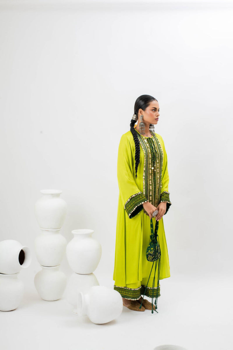 Marrakech Long Kurta Set with Oversize Pants satin by PRAHNAAYA in green color for women Worldwide