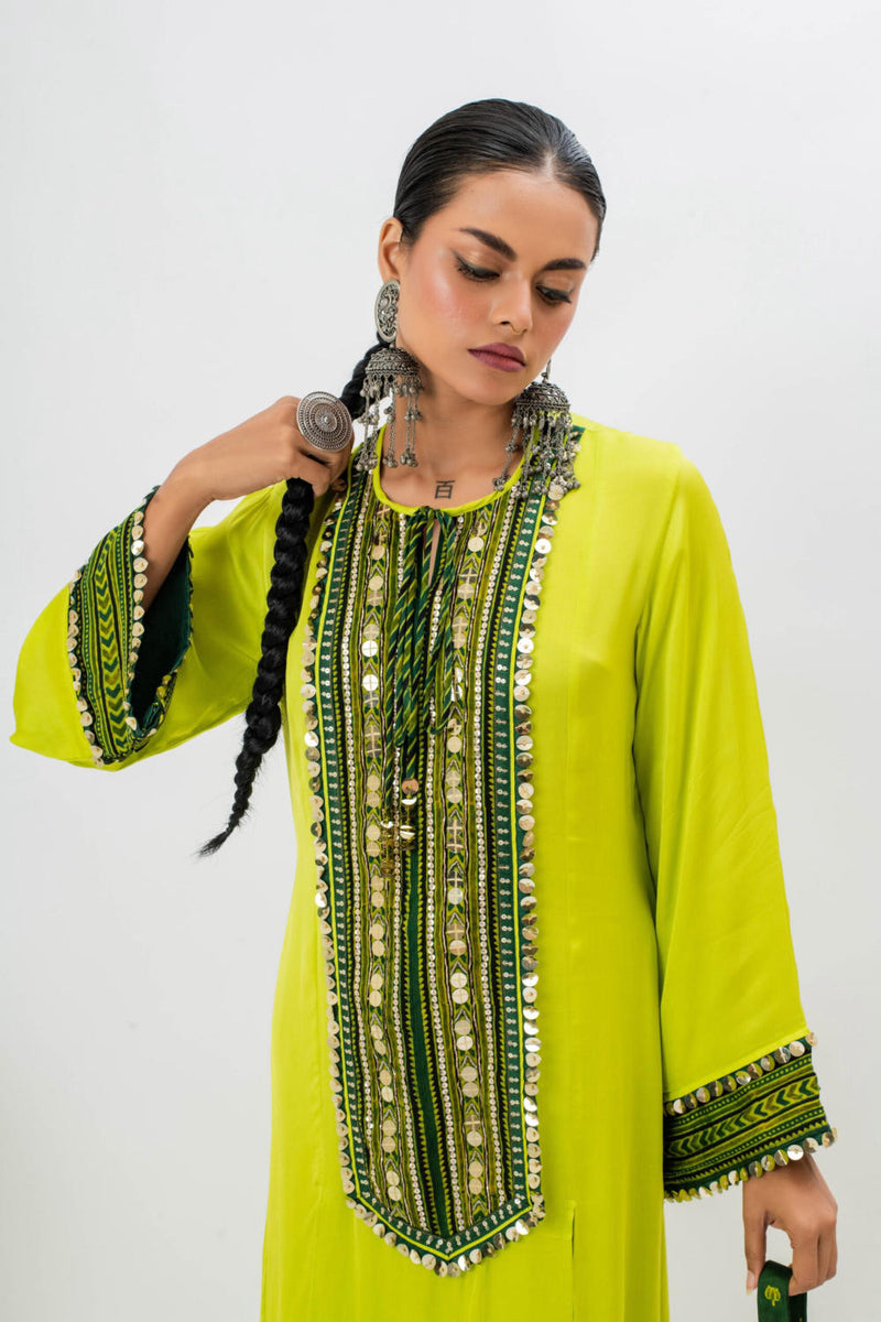 Marrakech Long Kurta Set with Oversize Pants satin by PRAHNAAYA in green color for women Worldwide