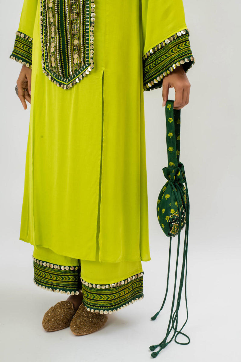 Marrakech Long Kurta Set with Oversize Pants satin by PRAHNAAYA in green color for women Worldwide