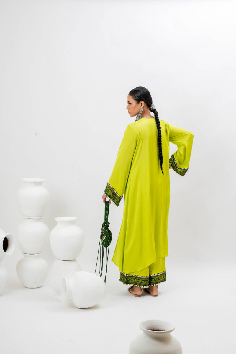 Marrakech Long Kurta Set with Oversize Pants satin by PRAHNAAYA in green color for women Worldwide