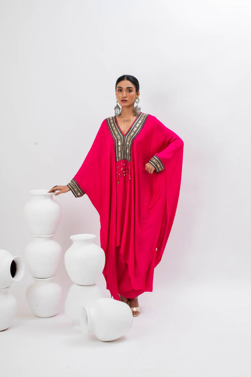 Morrocon Kaftaan with Wrap Skirt - Pink satin by PRAHNAAYA in pink color for women Worldwide