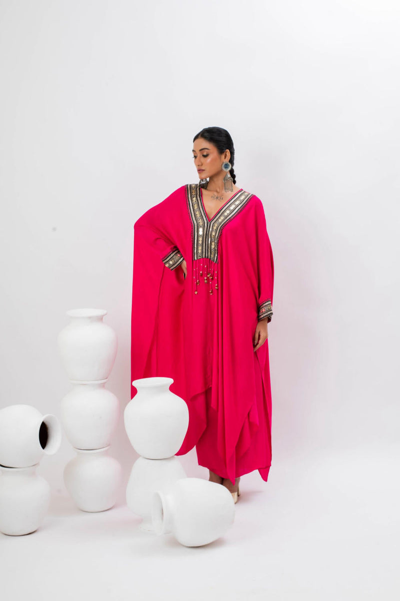 Morrocon Kaftaan with Wrap Skirt - Pink satin by PRAHNAAYA in pink color for women Worldwide