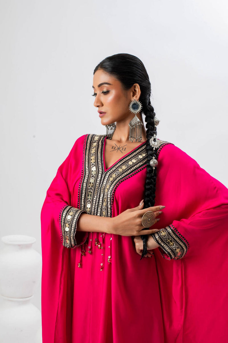 Morrocon Kaftaan with Wrap Skirt - Pink satin by PRAHNAAYA in pink color for women Worldwide