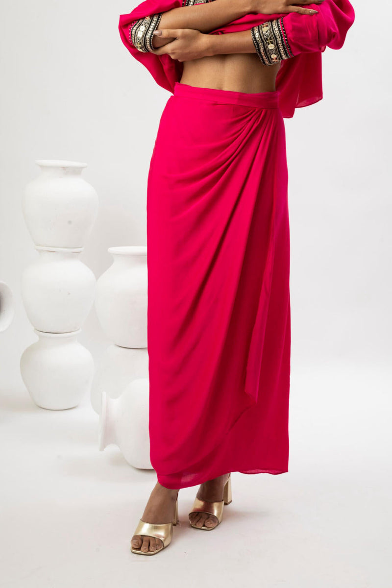 Morrocon Kaftaan with Wrap Skirt - Pink satin by PRAHNAAYA in pink color for women Worldwide