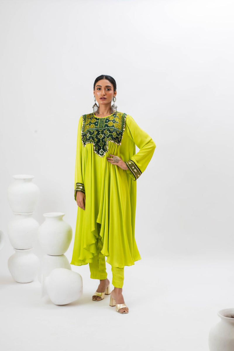 Mahi Asymmetrical Kurta Set - Green satin by PRAHNAAYA in green color for women Worldwide