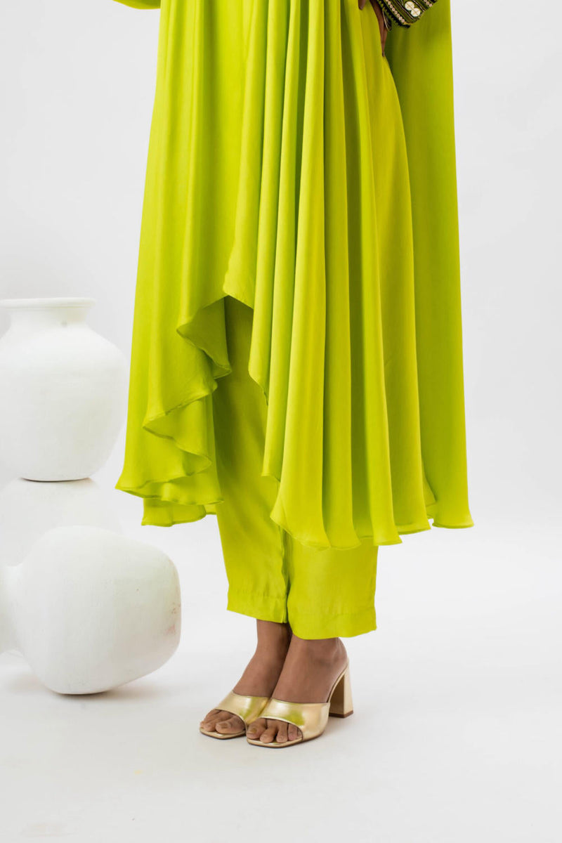 Mahi Asymmetrical Kurta Set - Green satin by PRAHNAAYA in green color for women Worldwide