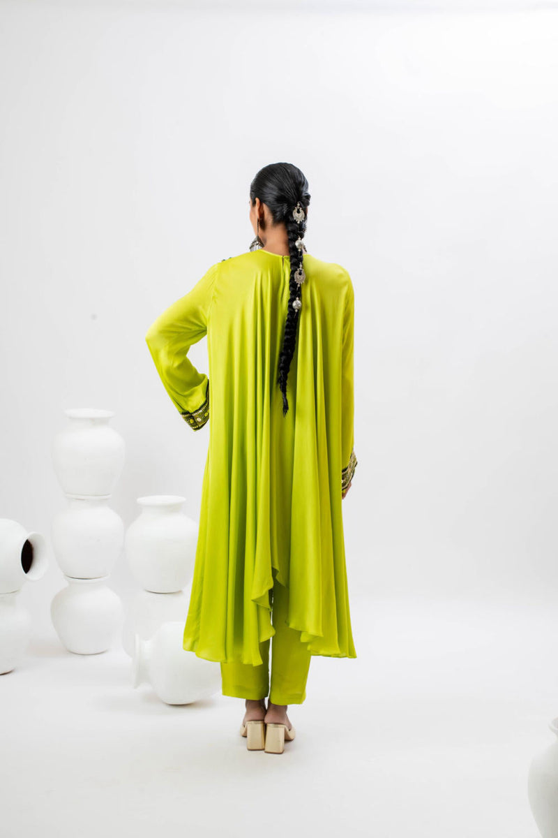 Mahi Asymmetrical Kurta Set with Dupatta - Green satin by PRAHNAAYA in green color for women Worldwide