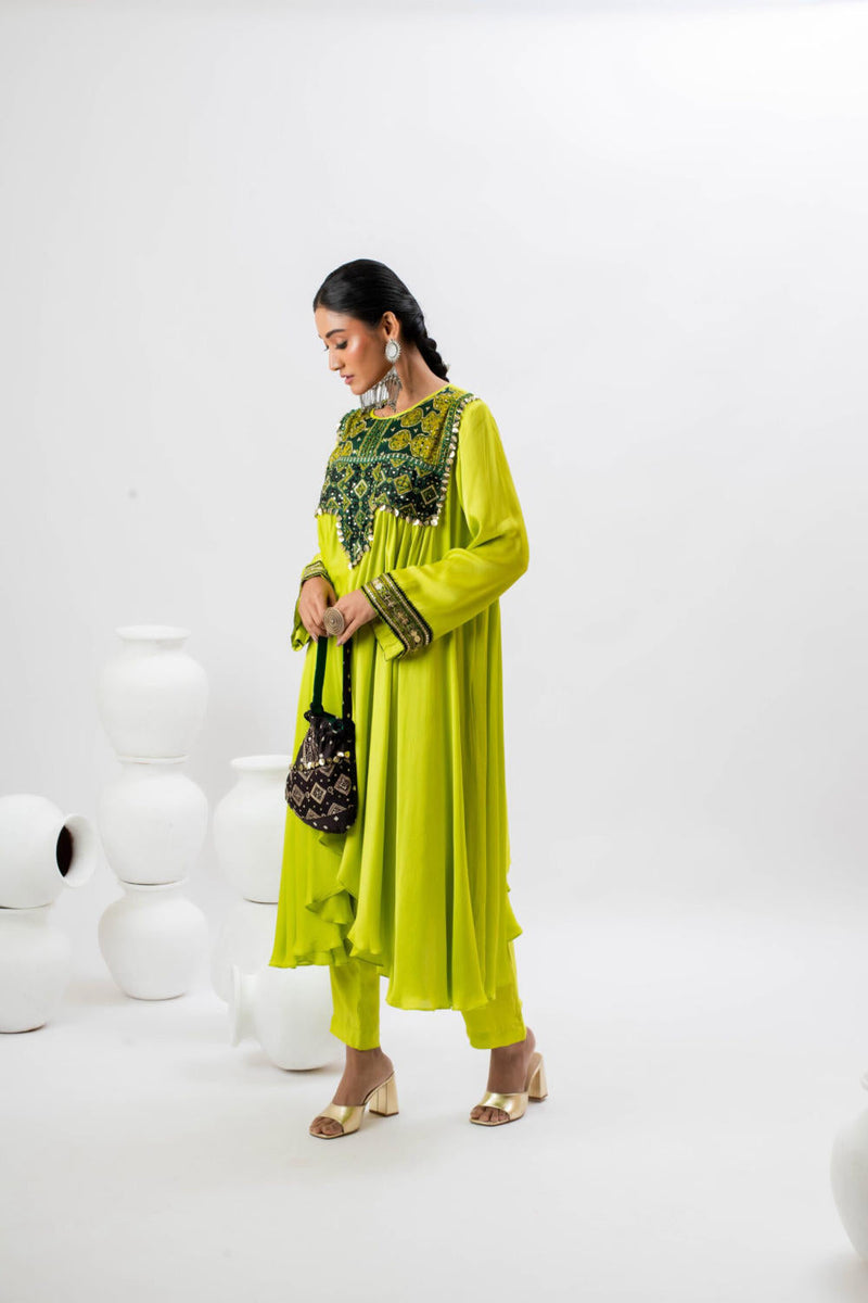 Mahi Asymmetrical Kurta Set - Green satin by PRAHNAAYA in green color for women Worldwide