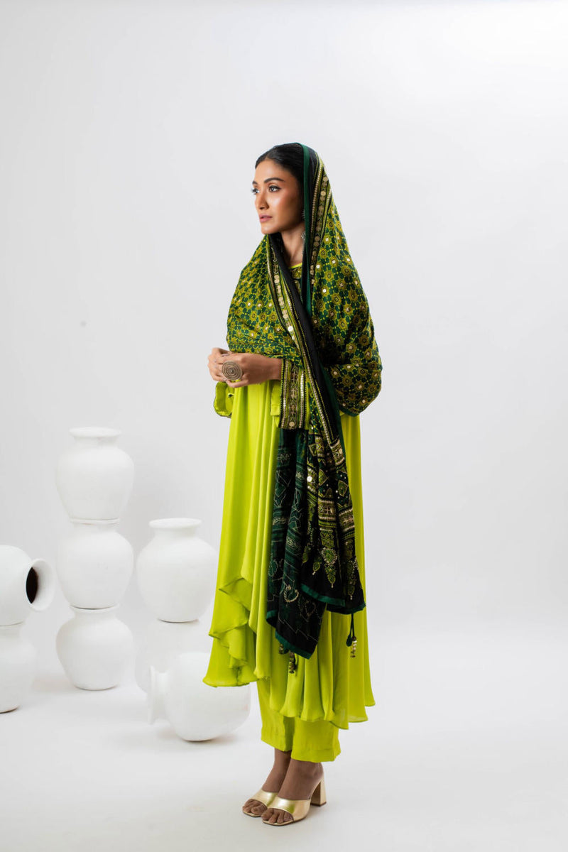 Mahi Asymmetrical Kurta Set with Dupatta - Green satin by PRAHNAAYA in green color for women Worldwide