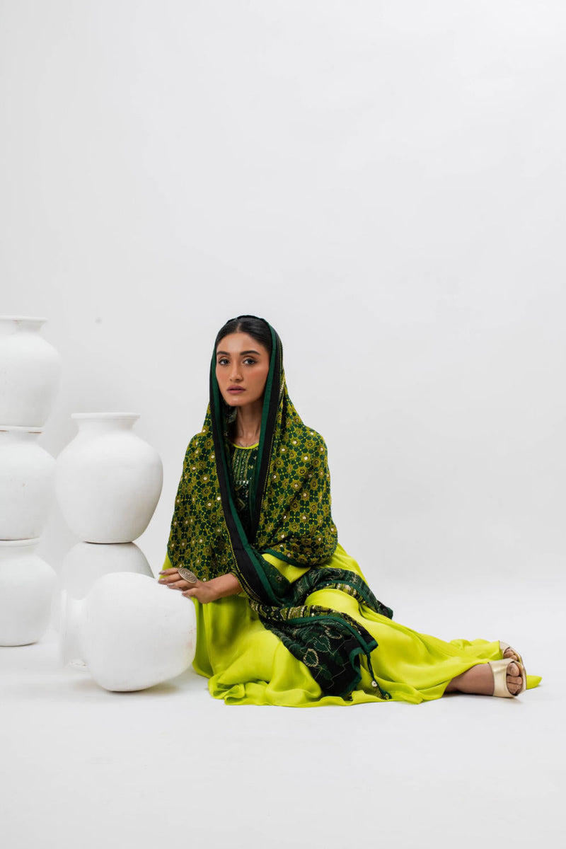 Mahi Asymmetrical Kurta Set with Dupatta - Green satin by PRAHNAAYA in green color for women Worldwide
