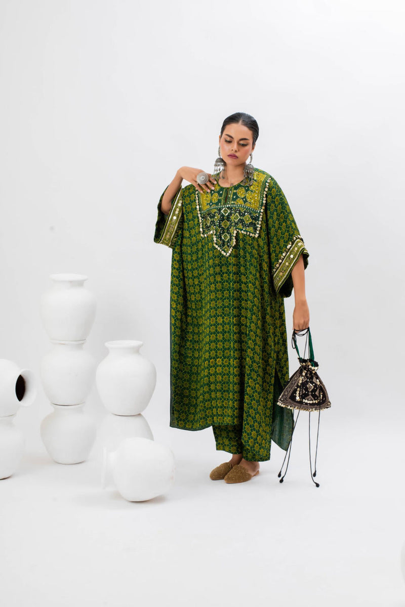 Marrakech Long Kurta Set with Slim Pants satin by PRAHNAAYA in green color for women Worldwide