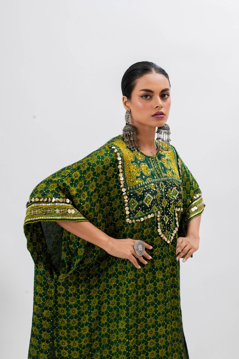 Marrakech Long Kurta Set with Slim Pants satin by PRAHNAAYA in green color for women Worldwide