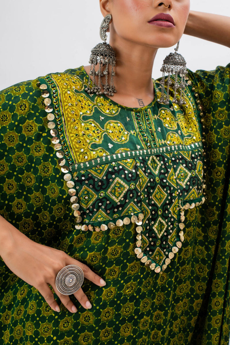 Marrakech Long Kurta Set with Slim Pants satin by PRAHNAAYA in green color for women Worldwide