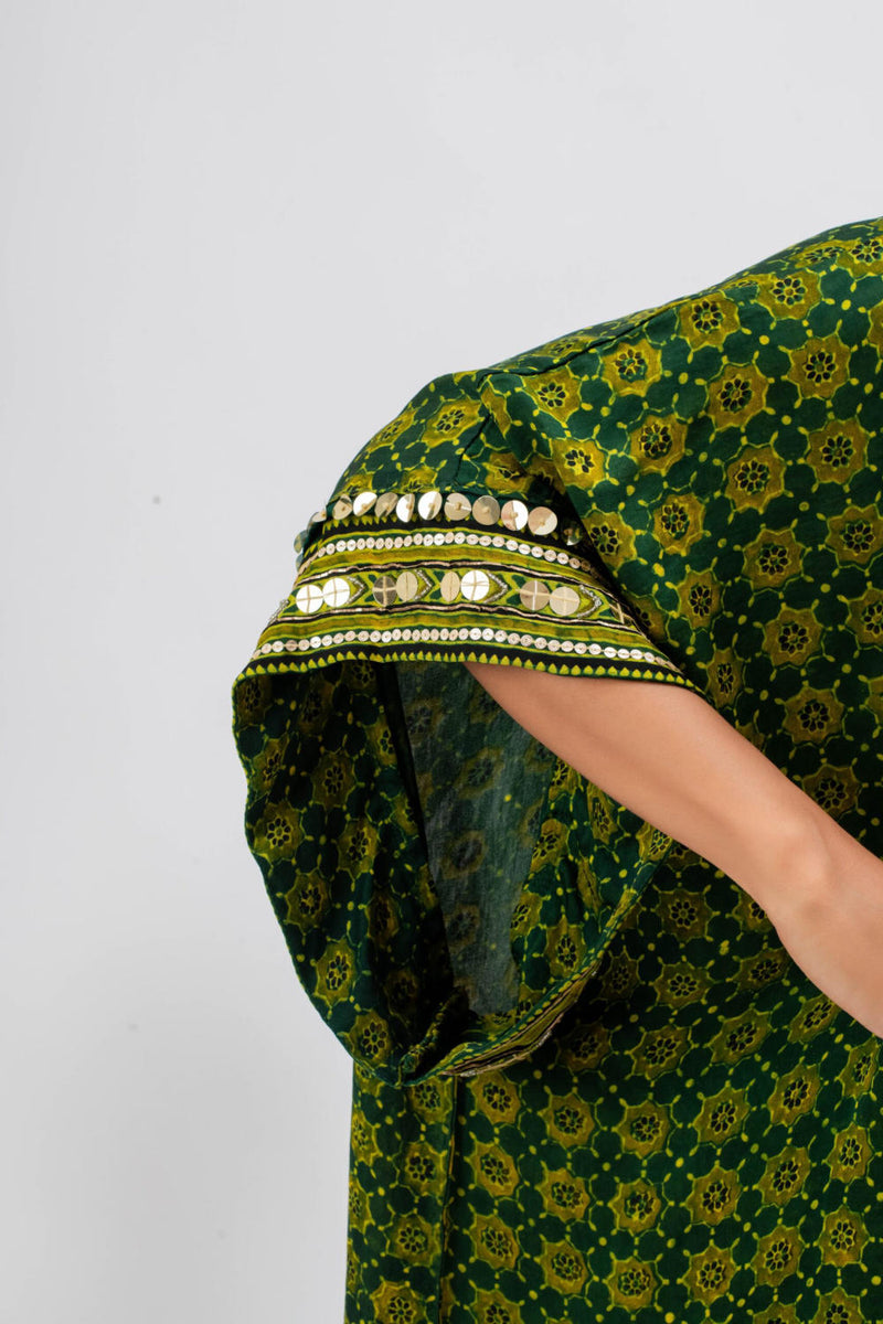Marrakech Long Kurta Set with Slim Pants satin by PRAHNAAYA in green color for women Worldwide