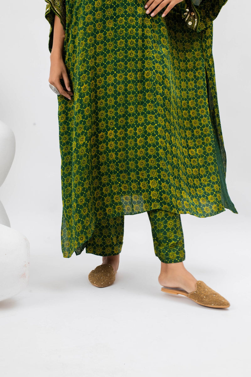 Marrakech Long Kurta Set with Slim Pants satin by PRAHNAAYA in green color for women Worldwide