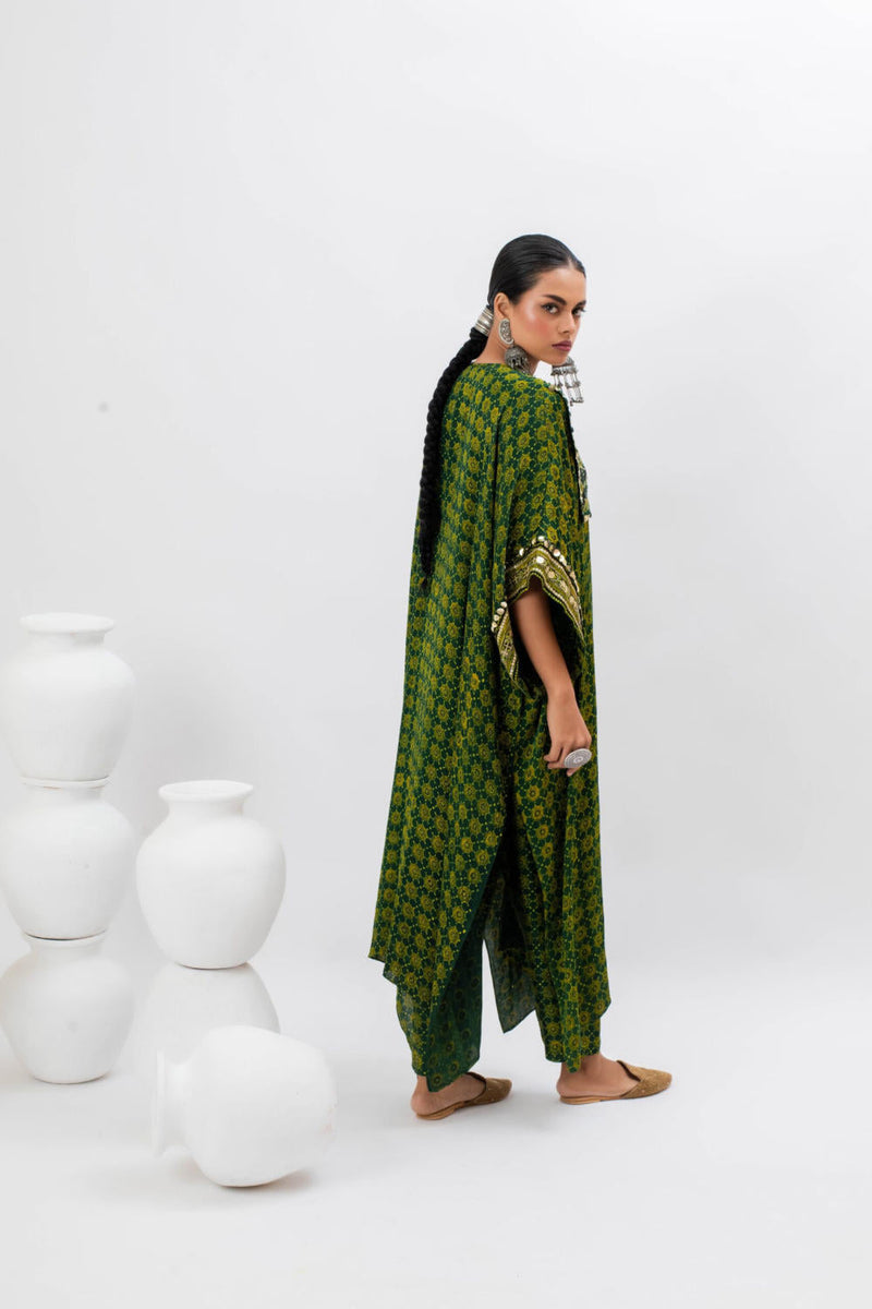 Marrakech Long Kurta Set with Slim Pants satin by PRAHNAAYA in green color for women Worldwide