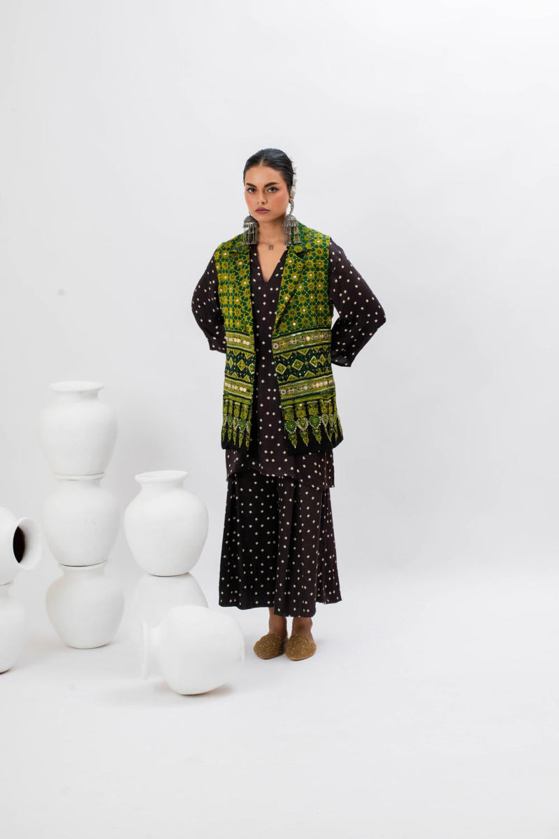 Marrakech Long Bundi Jacket satin by PRAHNAAYA in green color for women Worldwide