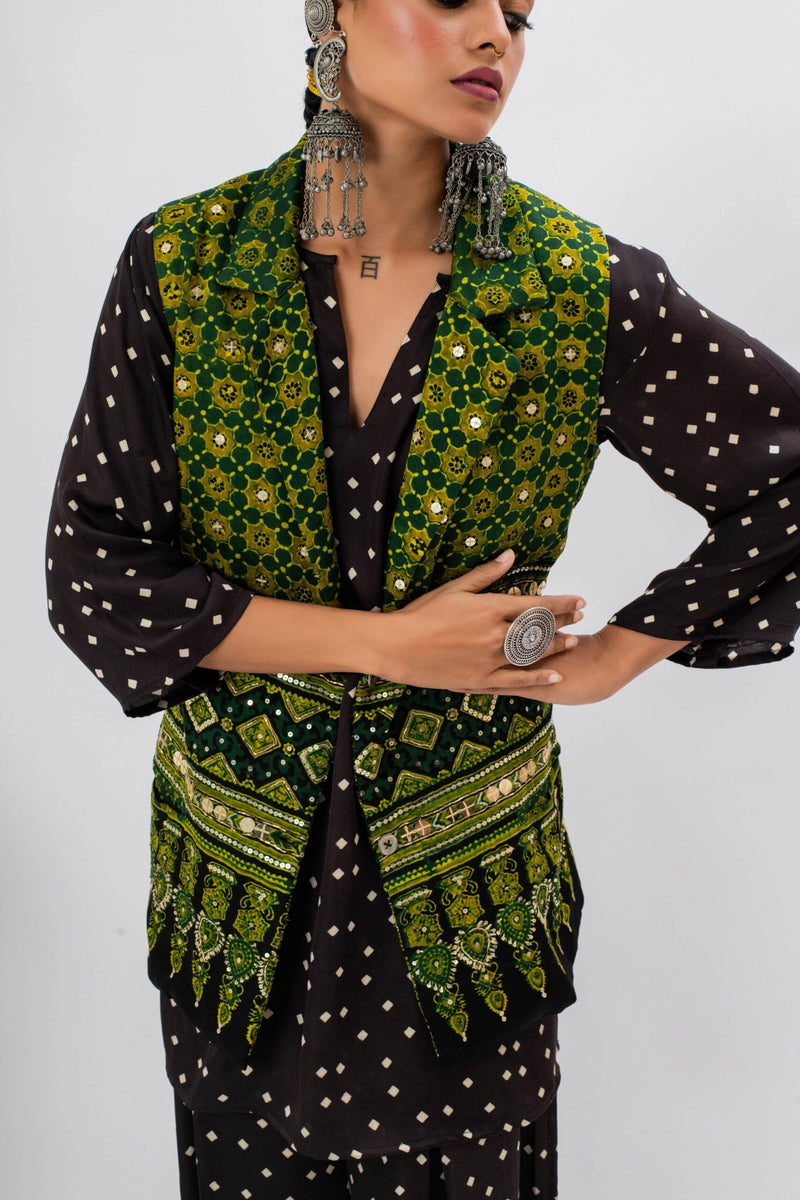 Marrakech Long Bundi Jacket satin by PRAHNAAYA in green color for women Worldwide