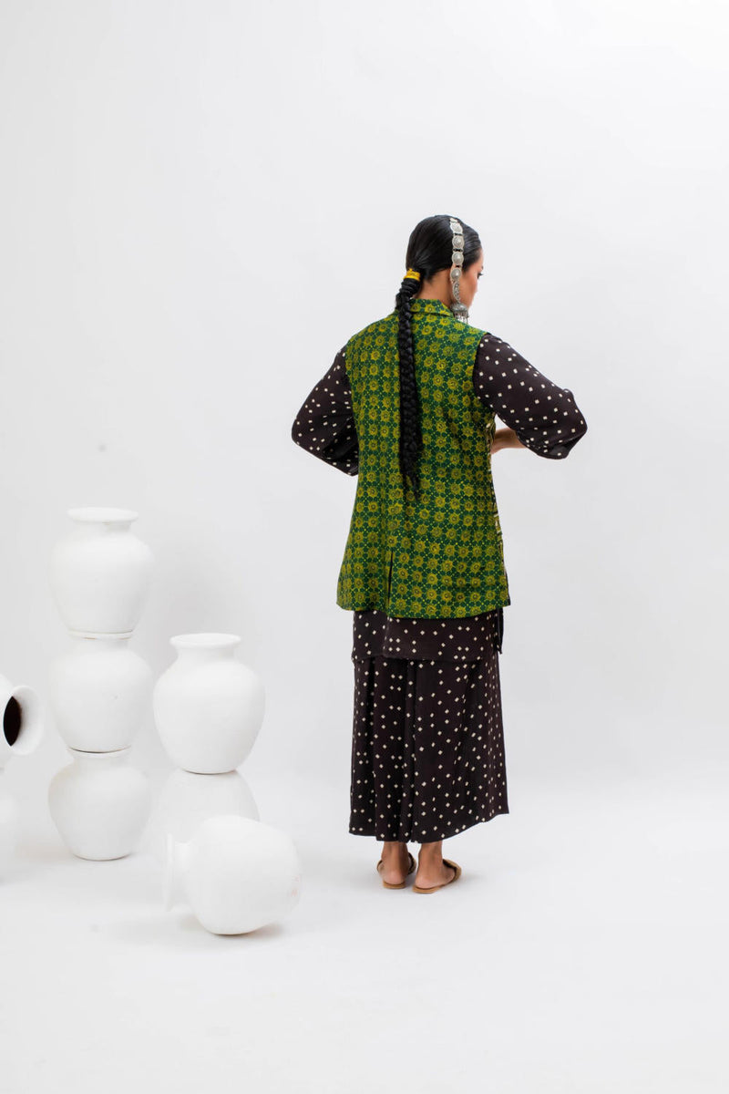Marrakech Long Bundi Jacket satin by PRAHNAAYA in green color for women Worldwide