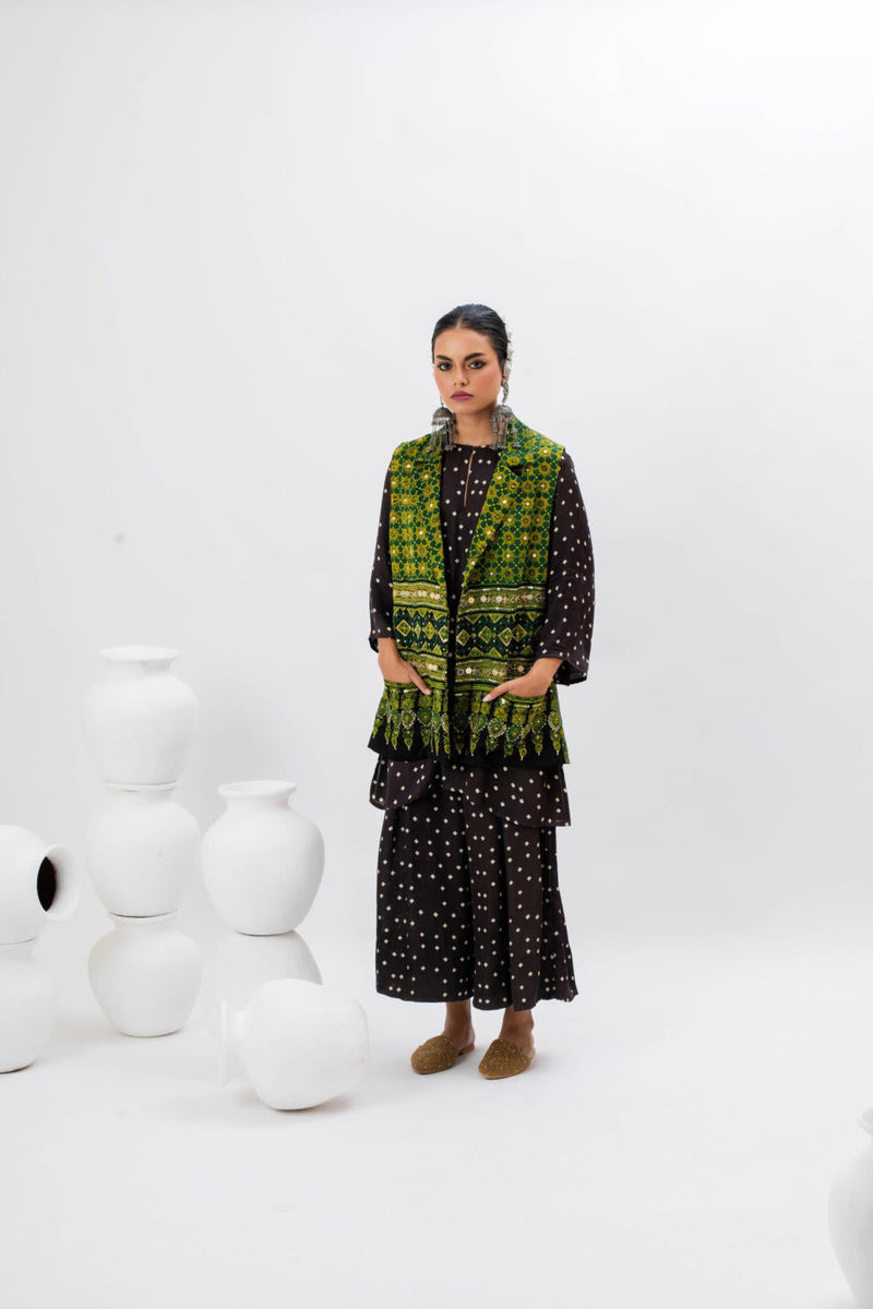 Marrakech Long Bundi Jacket satin by PRAHNAAYA in green color for women Worldwide