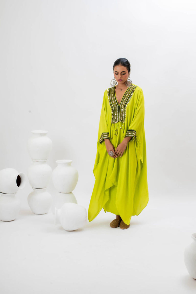 Morrocon Kaftaan with Wrap Skirt - Green satin by PRAHNAAYA in green color for women Worldwide
