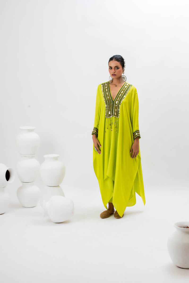 Morrocon Kaftaan with Wrap Skirt - Green satin by PRAHNAAYA in green color for women Worldwide