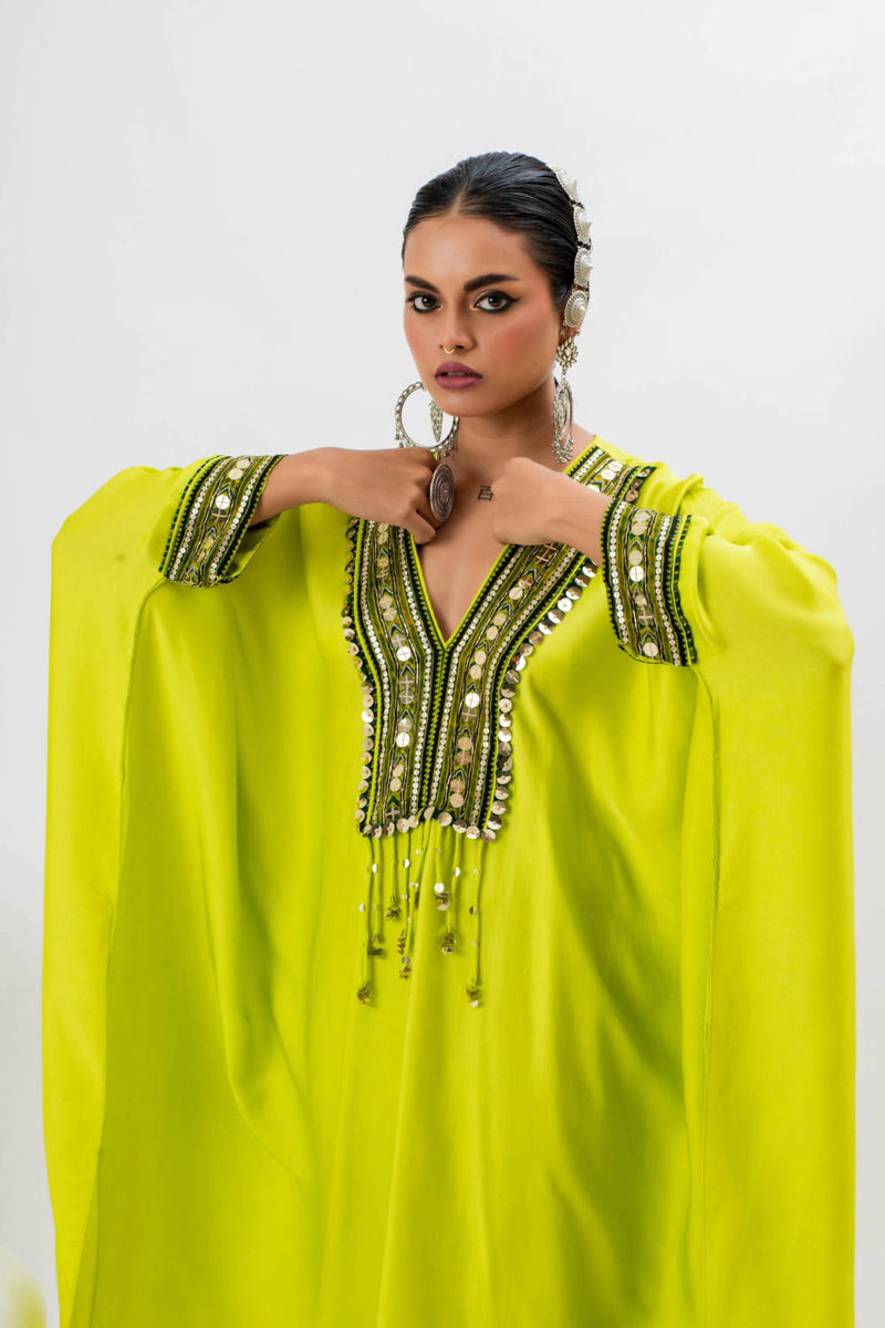 Morrocon Kaftaan with Wrap Skirt - Green satin by PRAHNAAYA in green color for women Worldwide