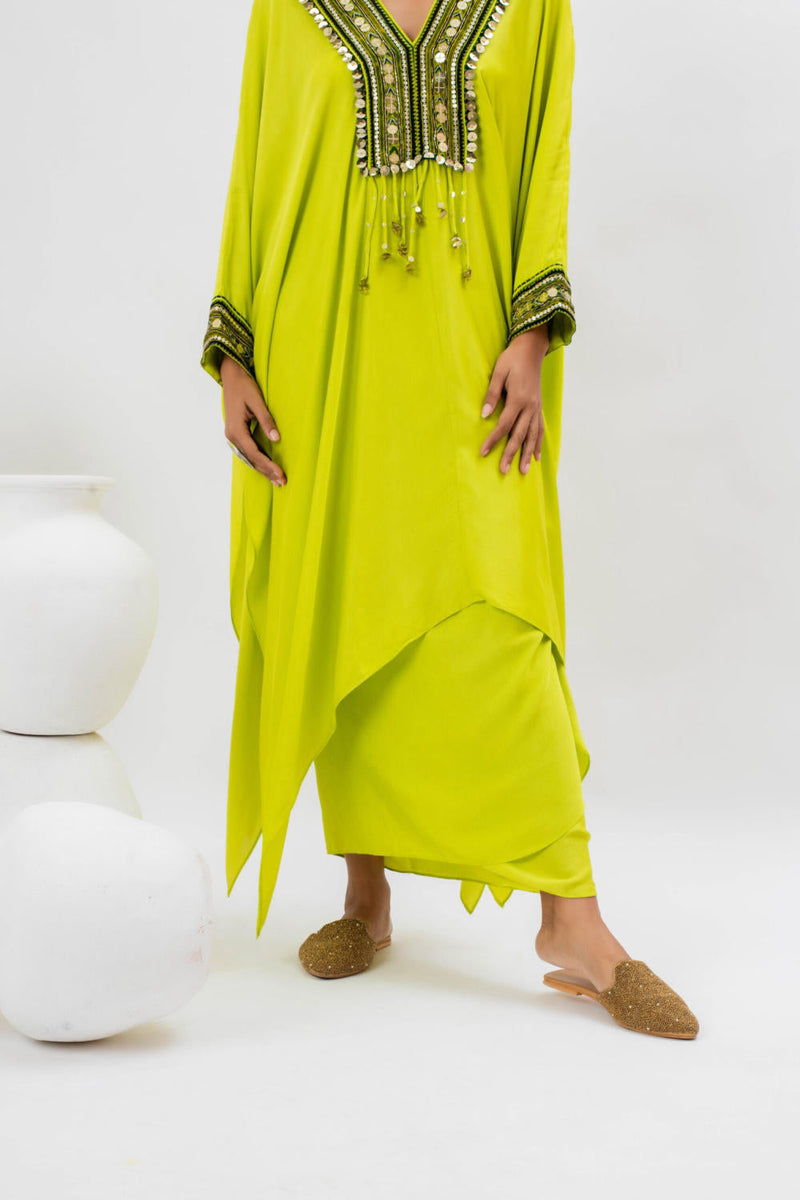 Morrocon Kaftaan with Wrap Skirt - Green satin by PRAHNAAYA in green color for women Worldwide