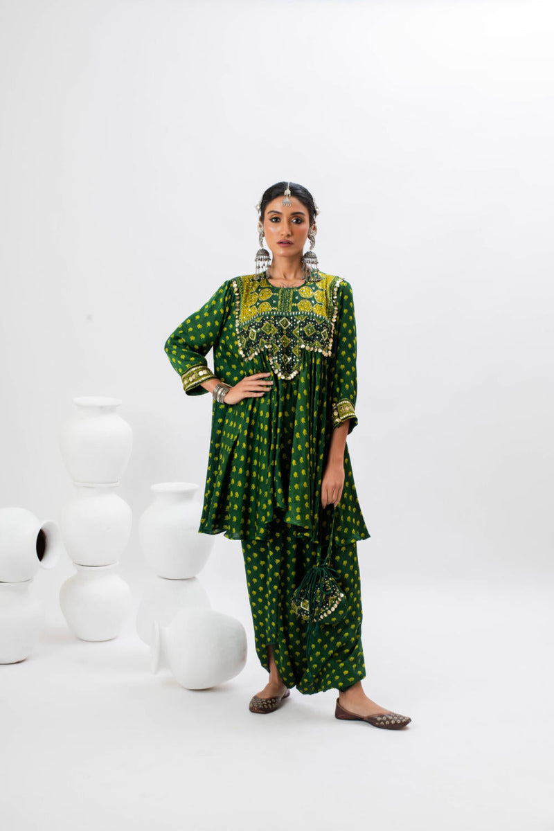 Aseeman Green Tunic with Dhoti Skirt satin by PRAHNAAYA in green color for women Worldwide