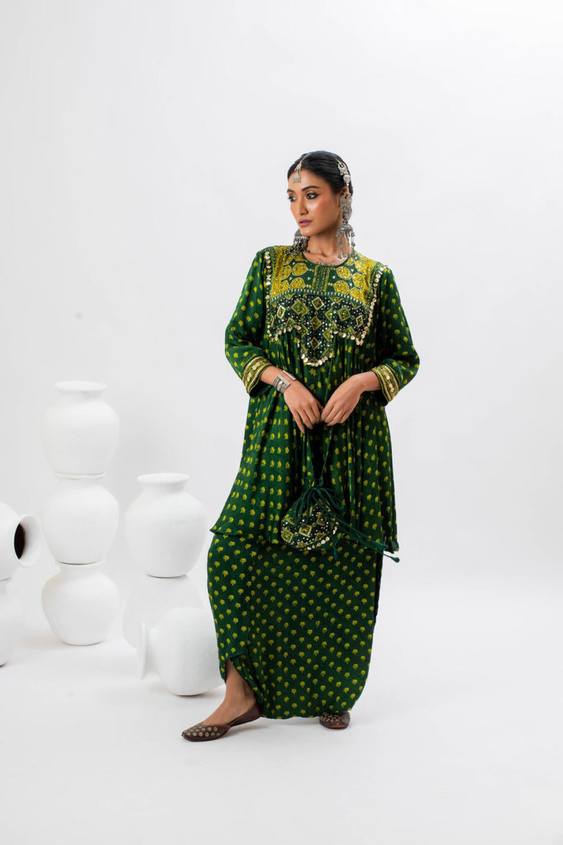 Aseeman Green Tunic with Dhoti Skirt satin by PRAHNAAYA in green color for women Worldwide