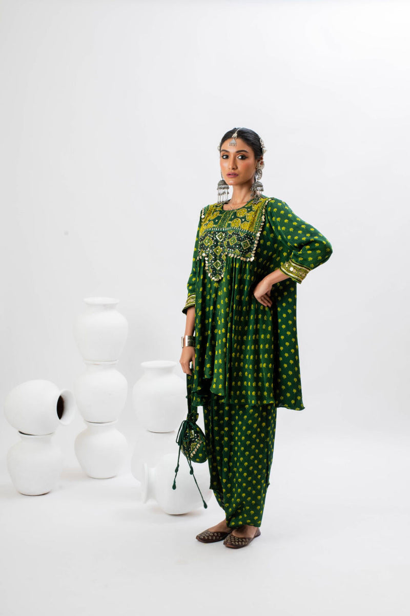 Aseeman Green Tunic with Dhoti Skirt satin by PRAHNAAYA in green color for women Worldwide