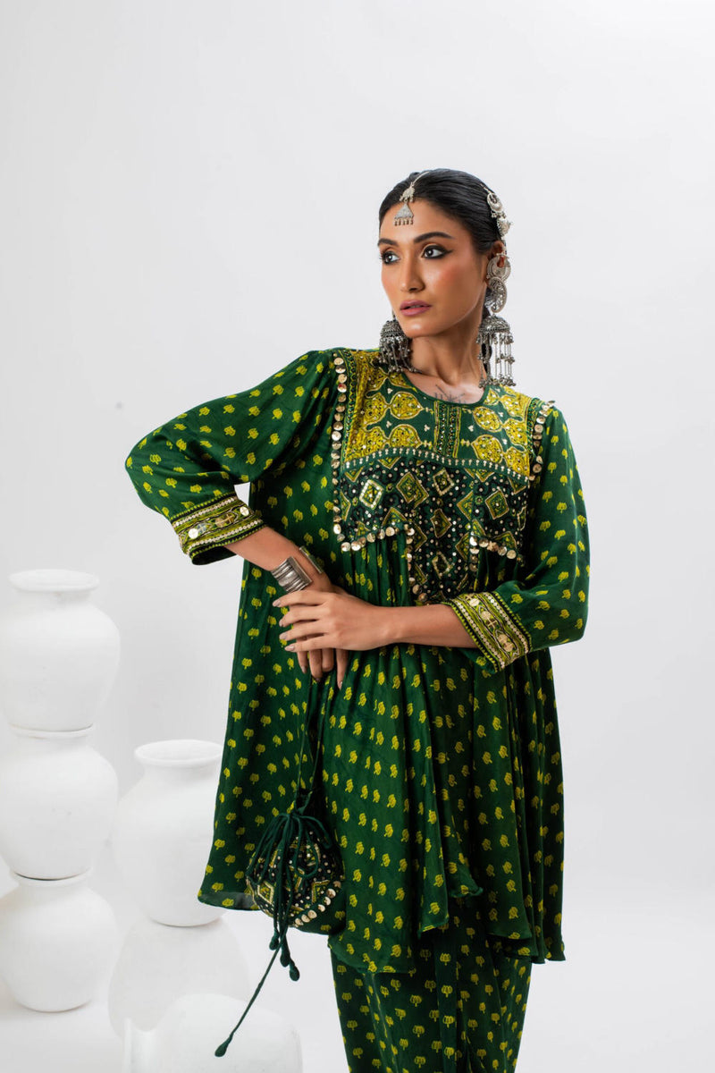 Aseeman Green Tunic with Dhoti Skirt satin by PRAHNAAYA in green color for women Worldwide