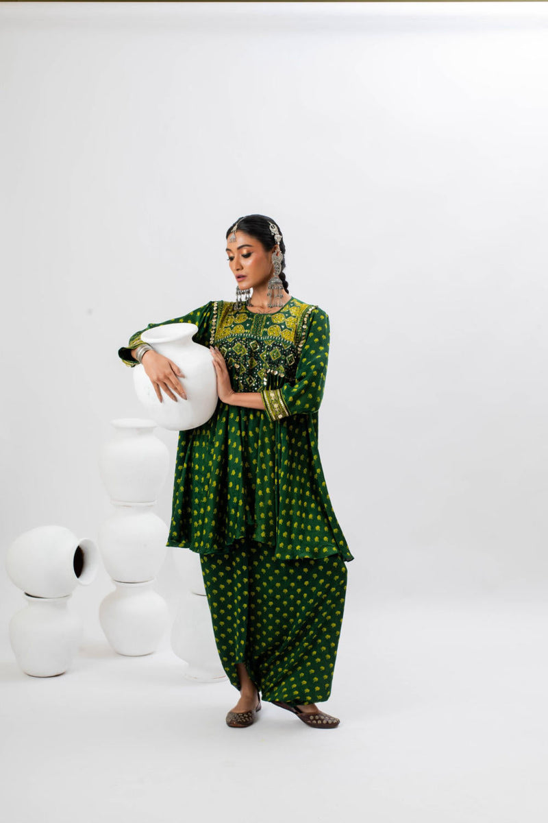 Aseeman Green Tunic with Dhoti Skirt satin by PRAHNAAYA in green color for women Worldwide