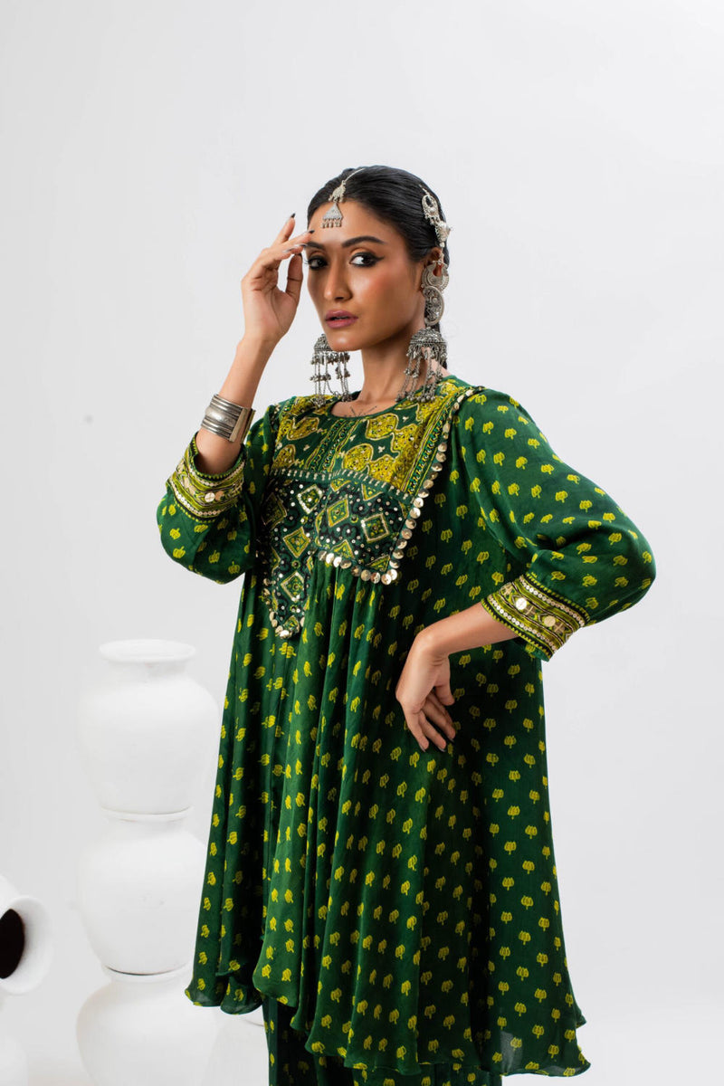 Aseeman Green Tunic with Dhoti Skirt satin by PRAHNAAYA in green color for women Worldwide