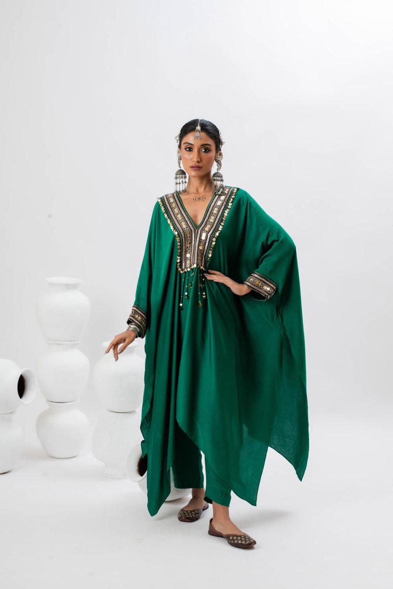 Morrocon Kaftaan with Pants satin by PRAHNAAYA in green color for women Worldwide