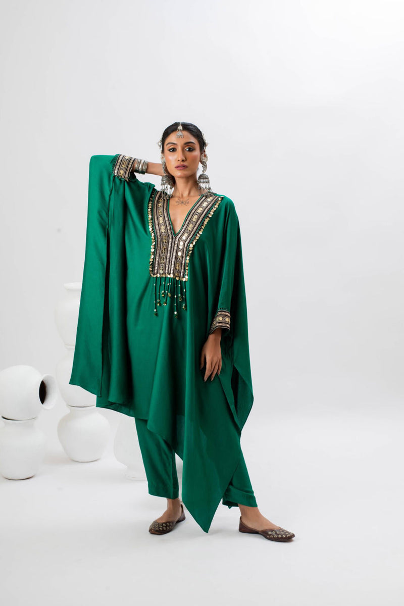 Morrocon Kaftaan with Pants satin by PRAHNAAYA in green color for women Worldwide