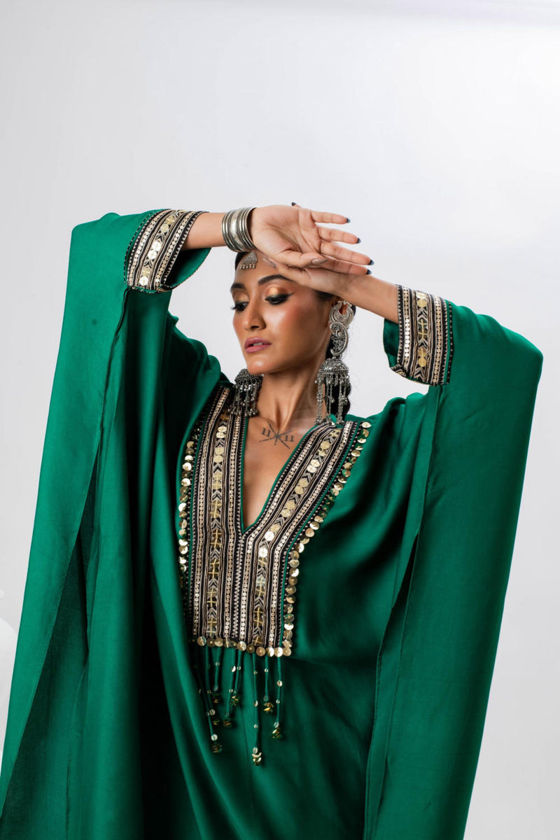 Morrocon Kaftaan with Pants satin by PRAHNAAYA in green color for women Worldwide