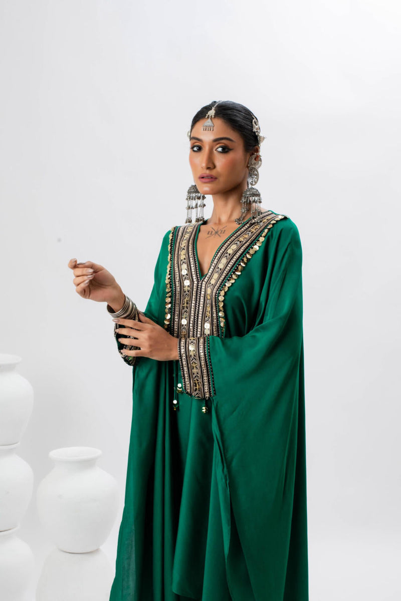 Morrocon Kaftaan with Pants satin by PRAHNAAYA in green color for women Worldwide