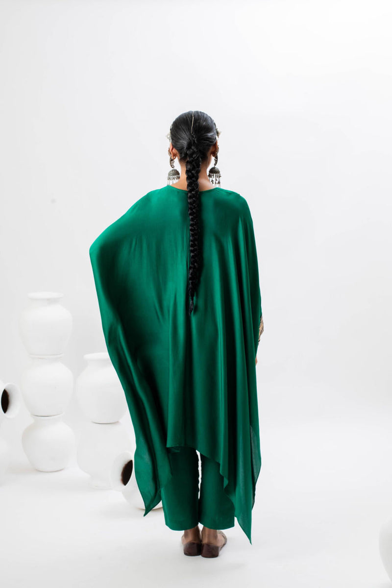 Morrocon Kaftaan with Pants satin by PRAHNAAYA in green color for women Worldwide