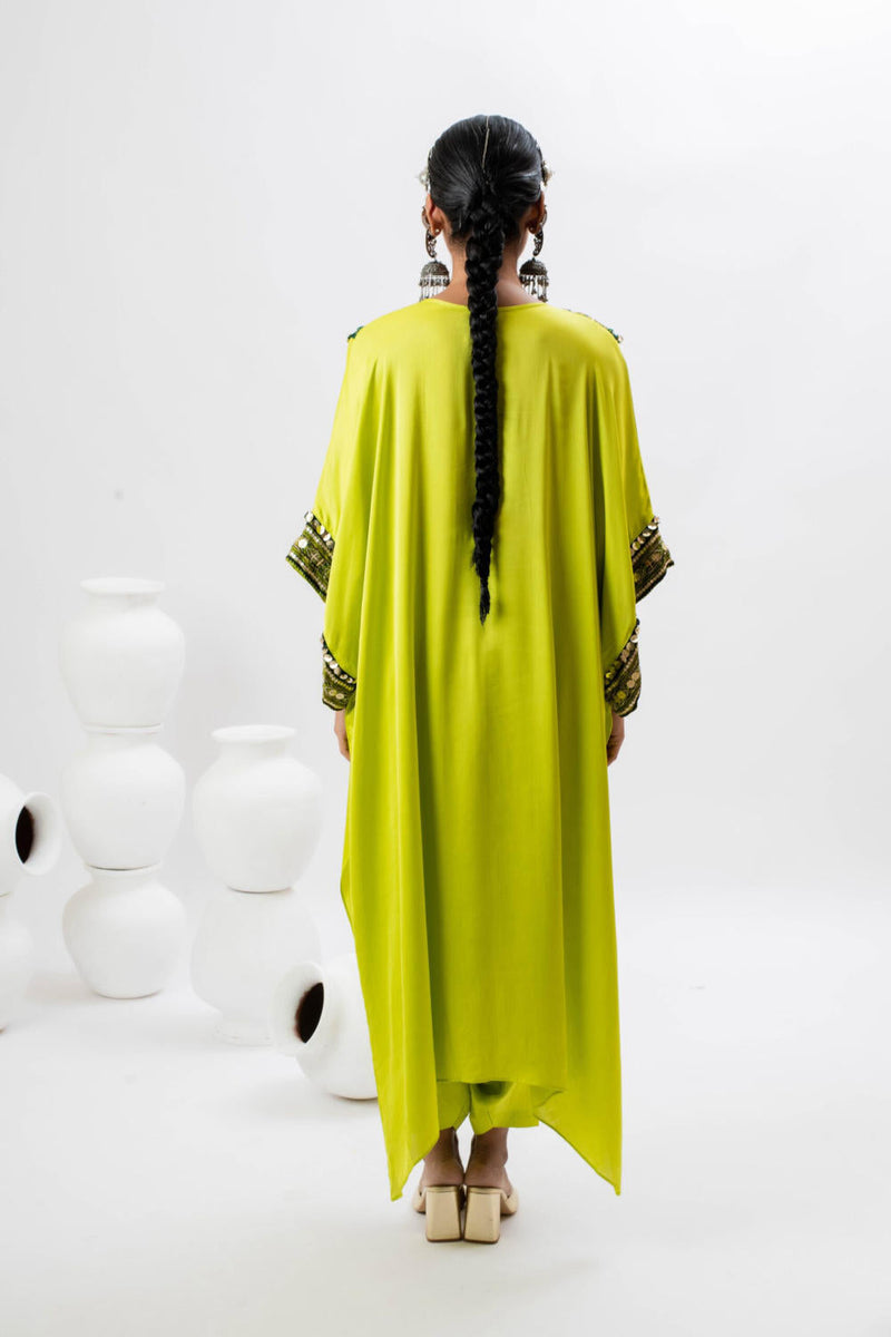 Marrakech Long Kurta Set with Slim Pants - GREEN satin by PRAHNAAYA in green color for women Worldwide