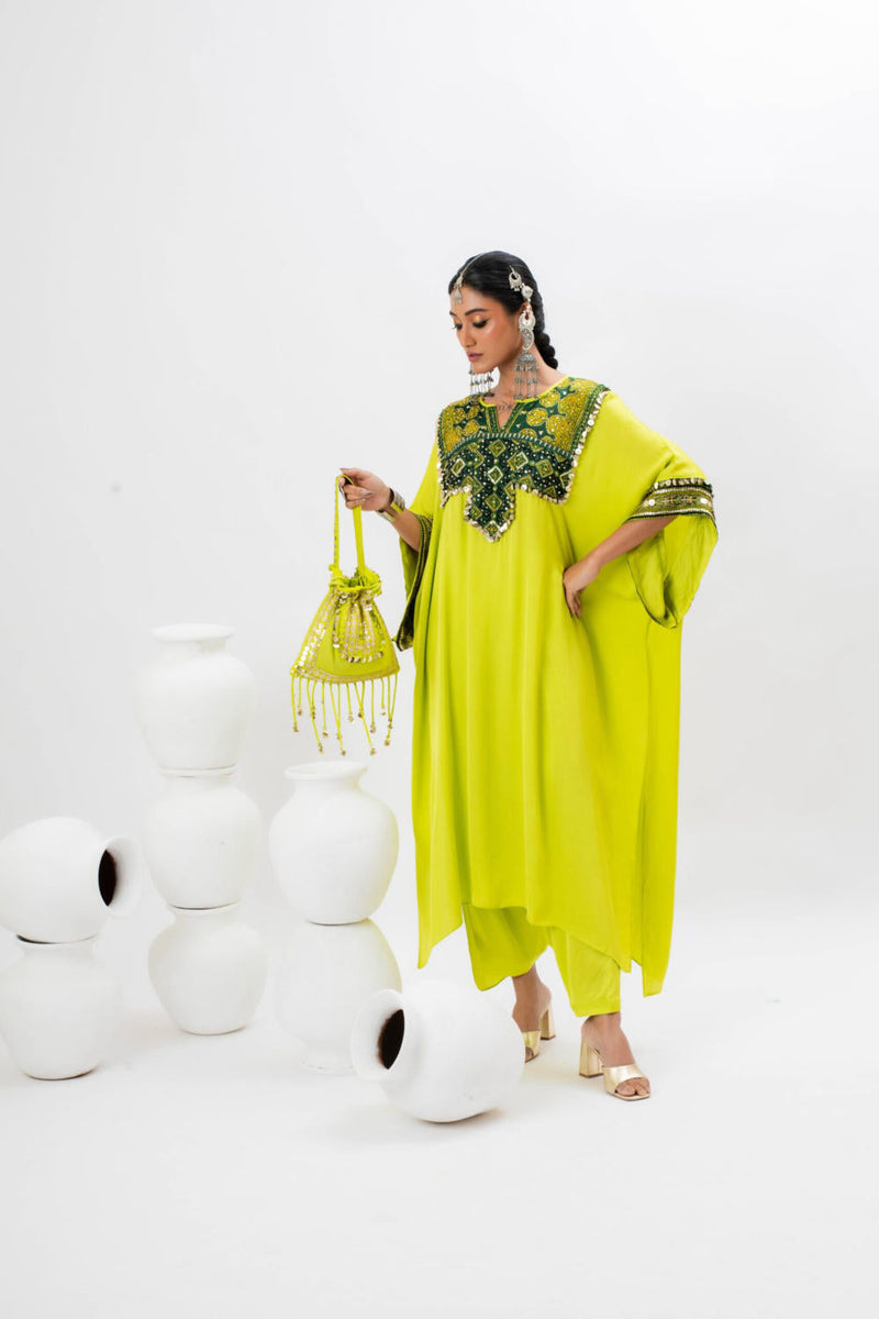 Marrakech Long Kurta Set with Slim Pants - GREEN satin by PRAHNAAYA in green color for women Worldwide