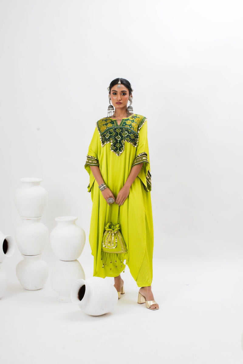 Marrakech Long Kurta Set with Slim Pants - GREEN satin by PRAHNAAYA in green color for women Worldwide