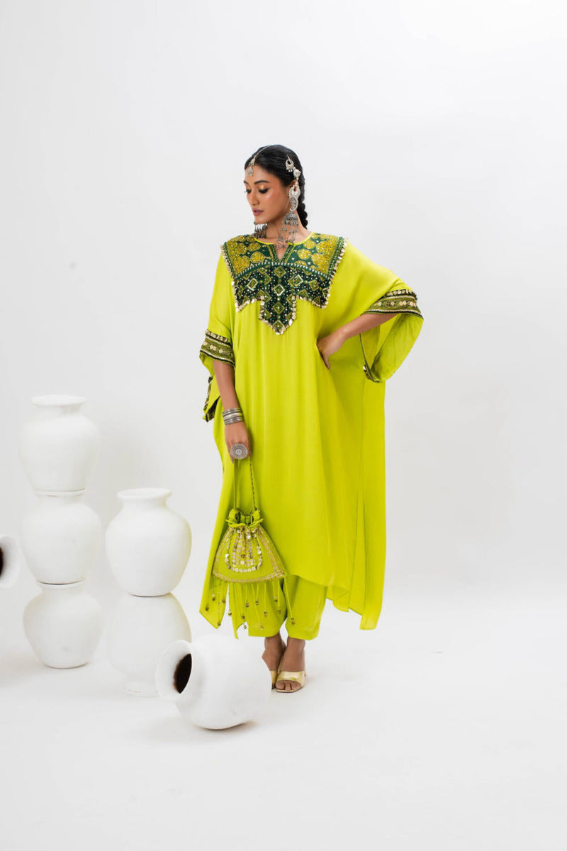 Marrakech Long Kurta Set with Slim Pants - GREEN satin by PRAHNAAYA in green color for women Worldwide