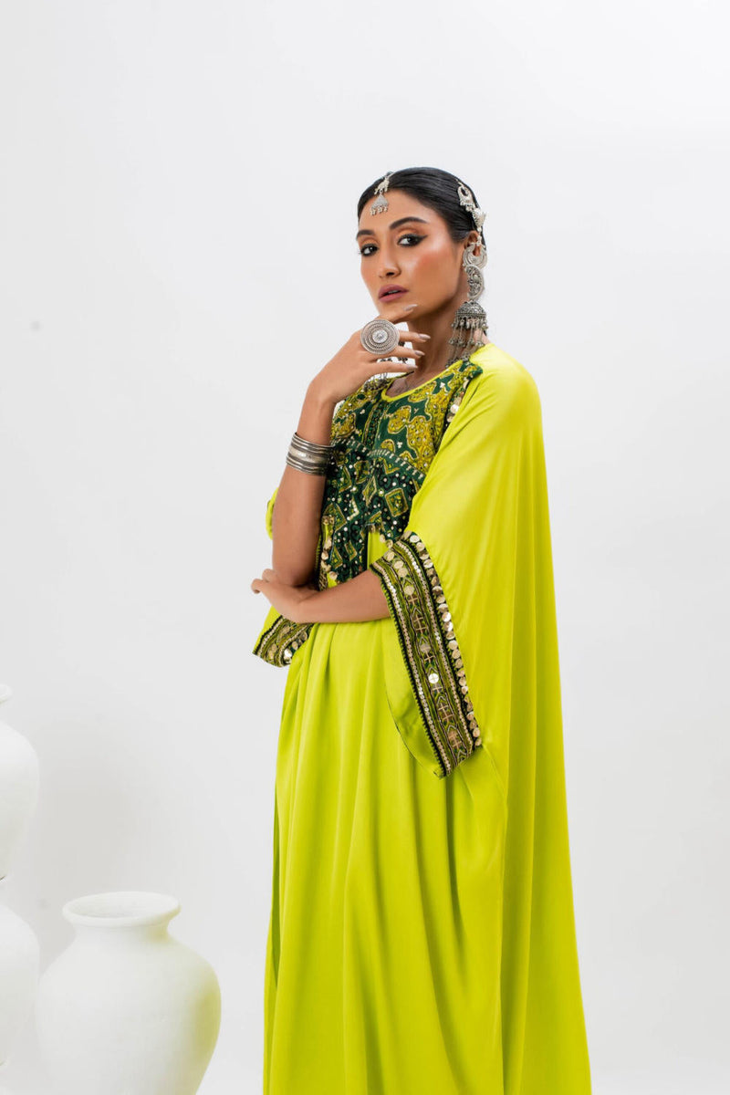 Marrakech Long Kurta Set with Slim Pants - GREEN satin by PRAHNAAYA in green color for women Worldwide