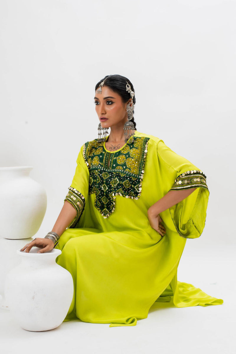 Marrakech Long Kurta Set with Slim Pants - GREEN satin by PRAHNAAYA in green color for women Worldwide