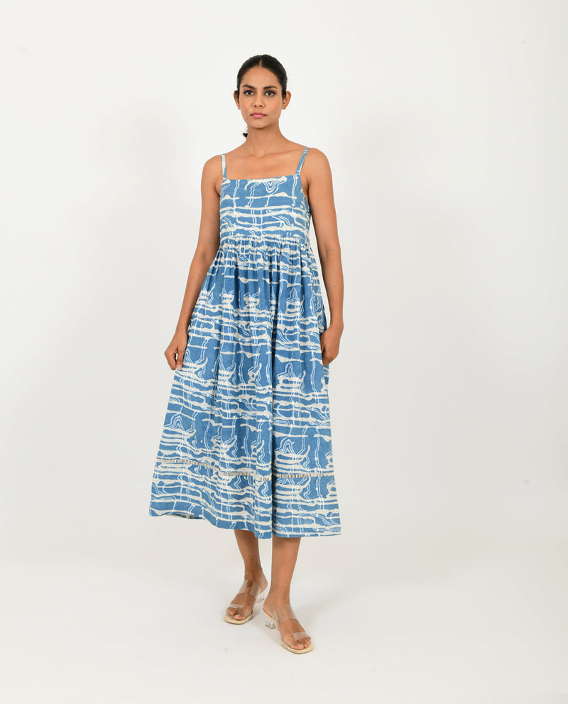 INDIGO SPLASH GATHER DRESS cotton Dresses,Short and Midi Dresses by Rias in blue color for women Worldwide