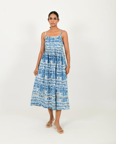 INDIGO SPLASH GATHER DRESS