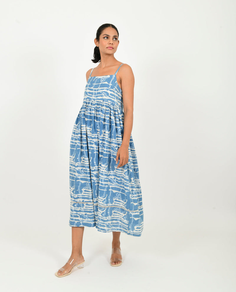 INDIGO SPLASH GATHER DRESS cotton Dresses,Short and Midi Dresses by Rias in blue color for women Worldwide