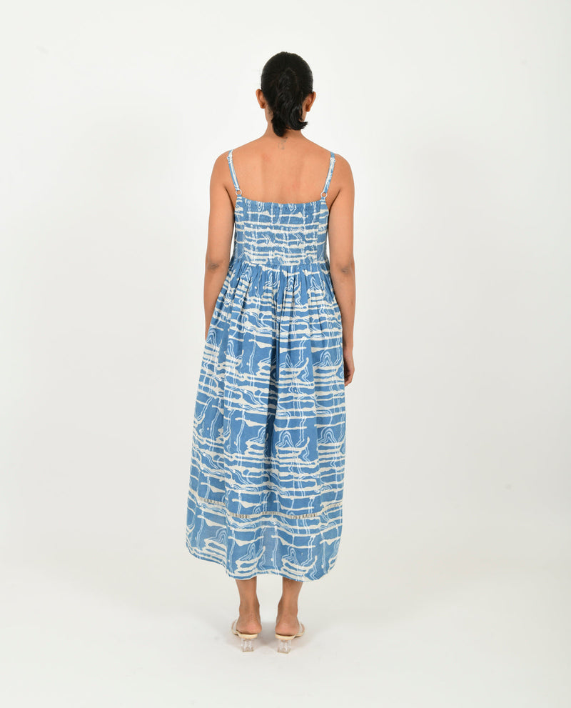 INDIGO SPLASH GATHER DRESS cotton Dresses,Short and Midi Dresses by Rias in blue color for women Worldwide