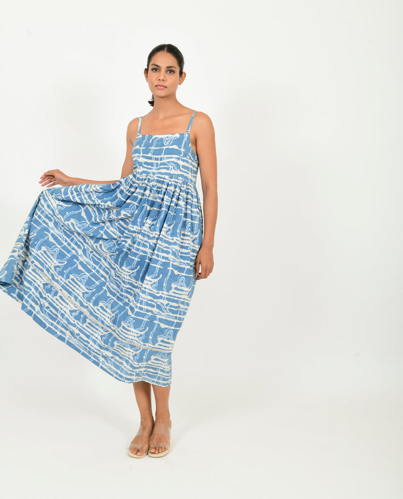 INDIGO SPLASH GATHER DRESS cotton Dresses,Short and Midi Dresses by Rias in blue color for women Worldwide